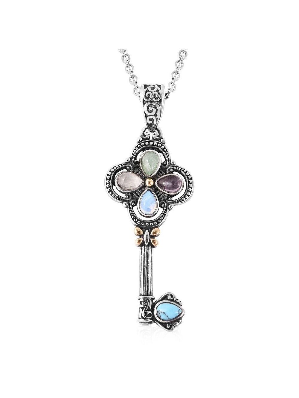 Key pendent multi gemstone in stainless steel with 20 inch chain